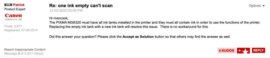 Canon forum printer scan run out of ink