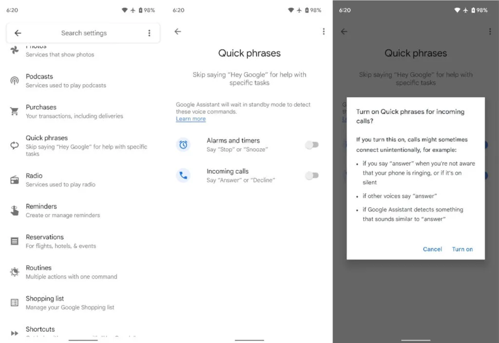 Google assistant quick phrases settings