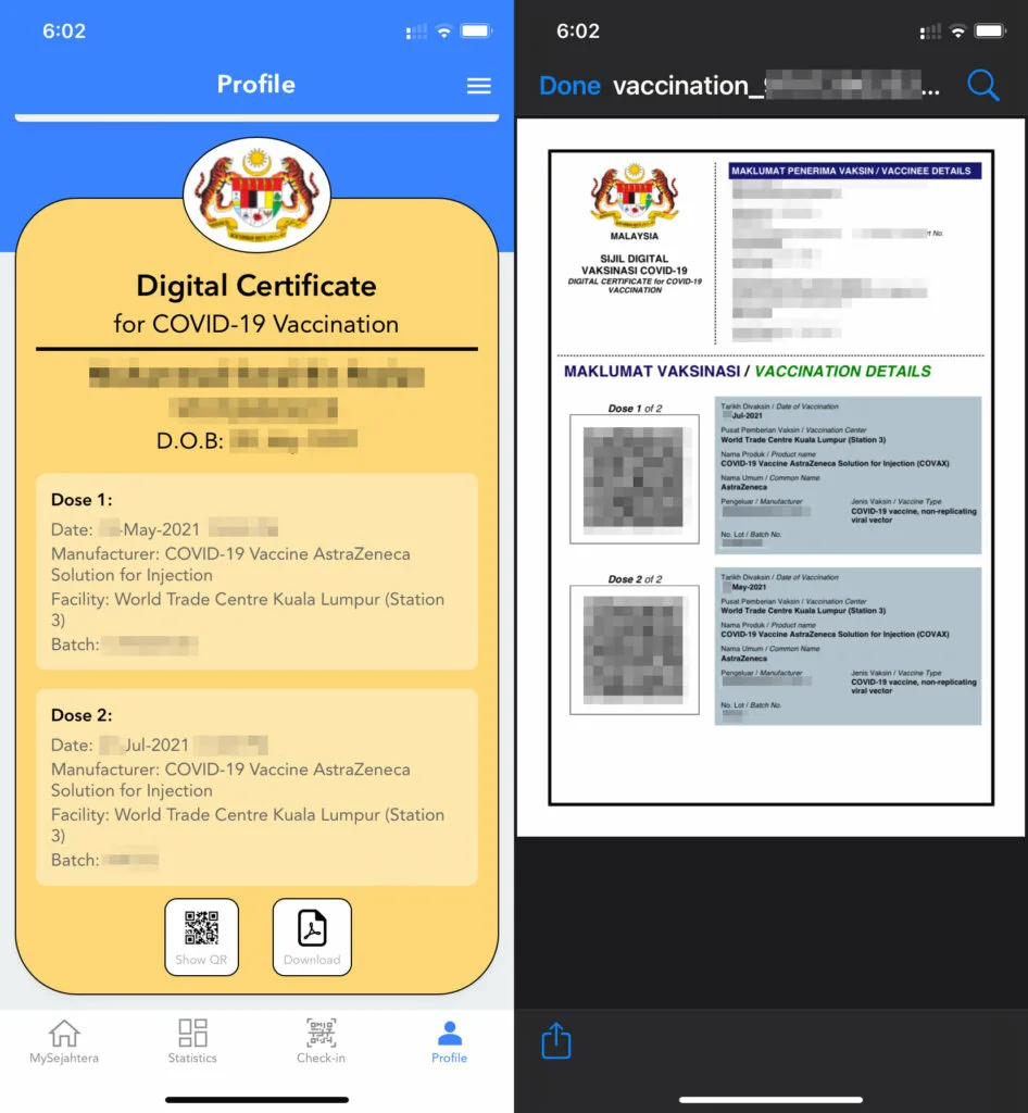 Mysejahtera Vaccine certificate PDF