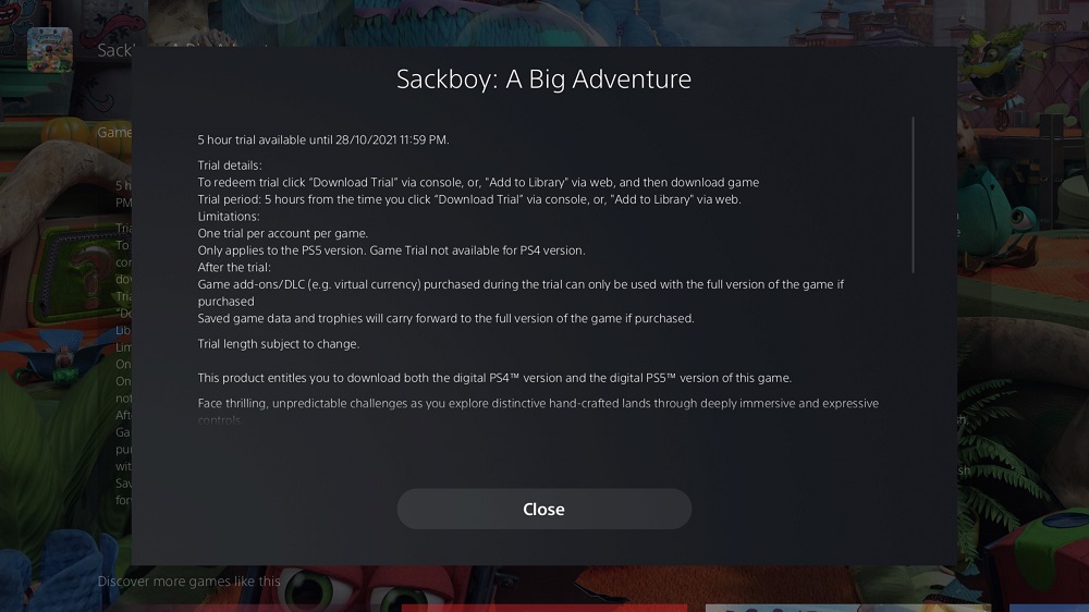 Sackboy PSN trial UK terms and conditions