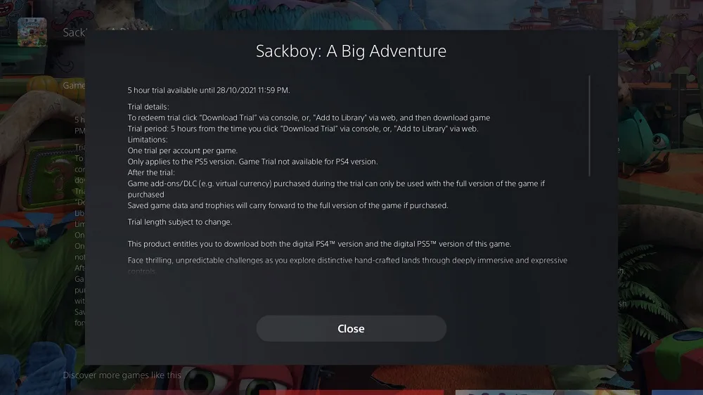 Sackboy PSN trial UK terms and conditions