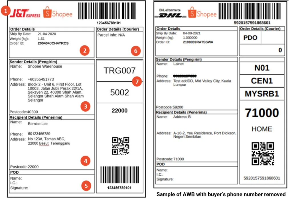 Shopee courier AWB air waybill phone number removed