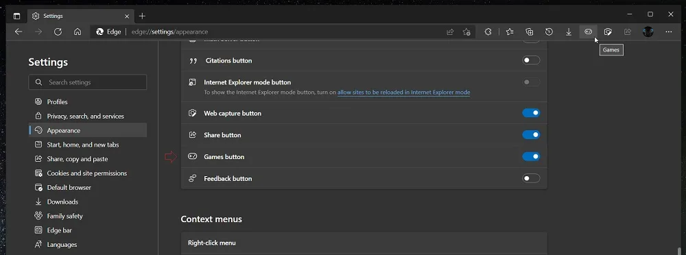 Microsoft Edge Games settings