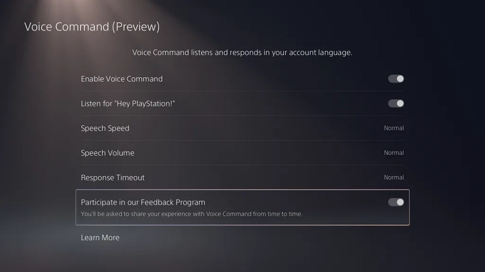 PS5 voice command beta options