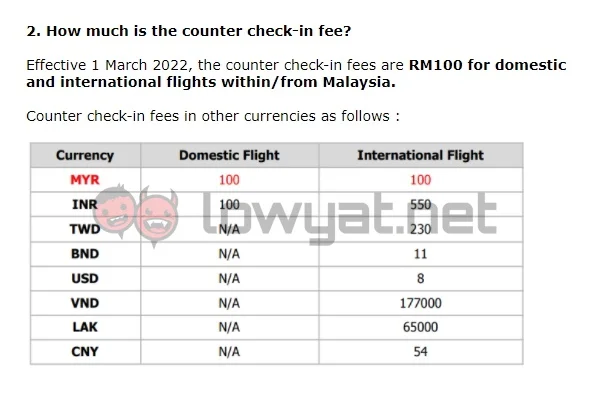 airasia counter checkin fee list 220222