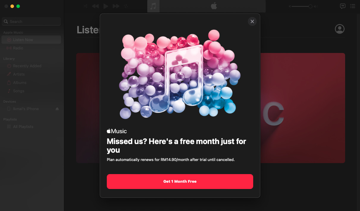 apple music free trial one month