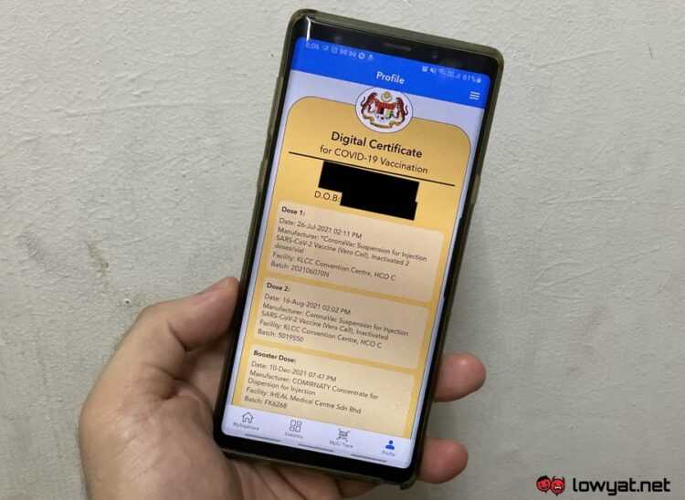 MySejahtera MOH app booster appointment appointments glitch issue digital certificate EU