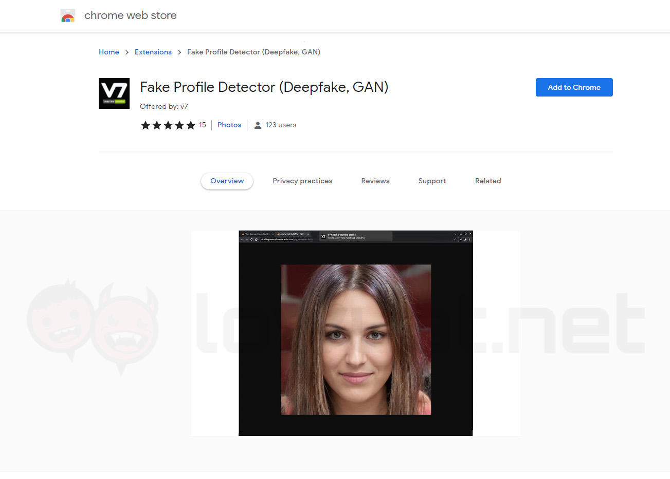Chrome extension plugin deepfake ai-generated profile picture portrait V7 Labs
