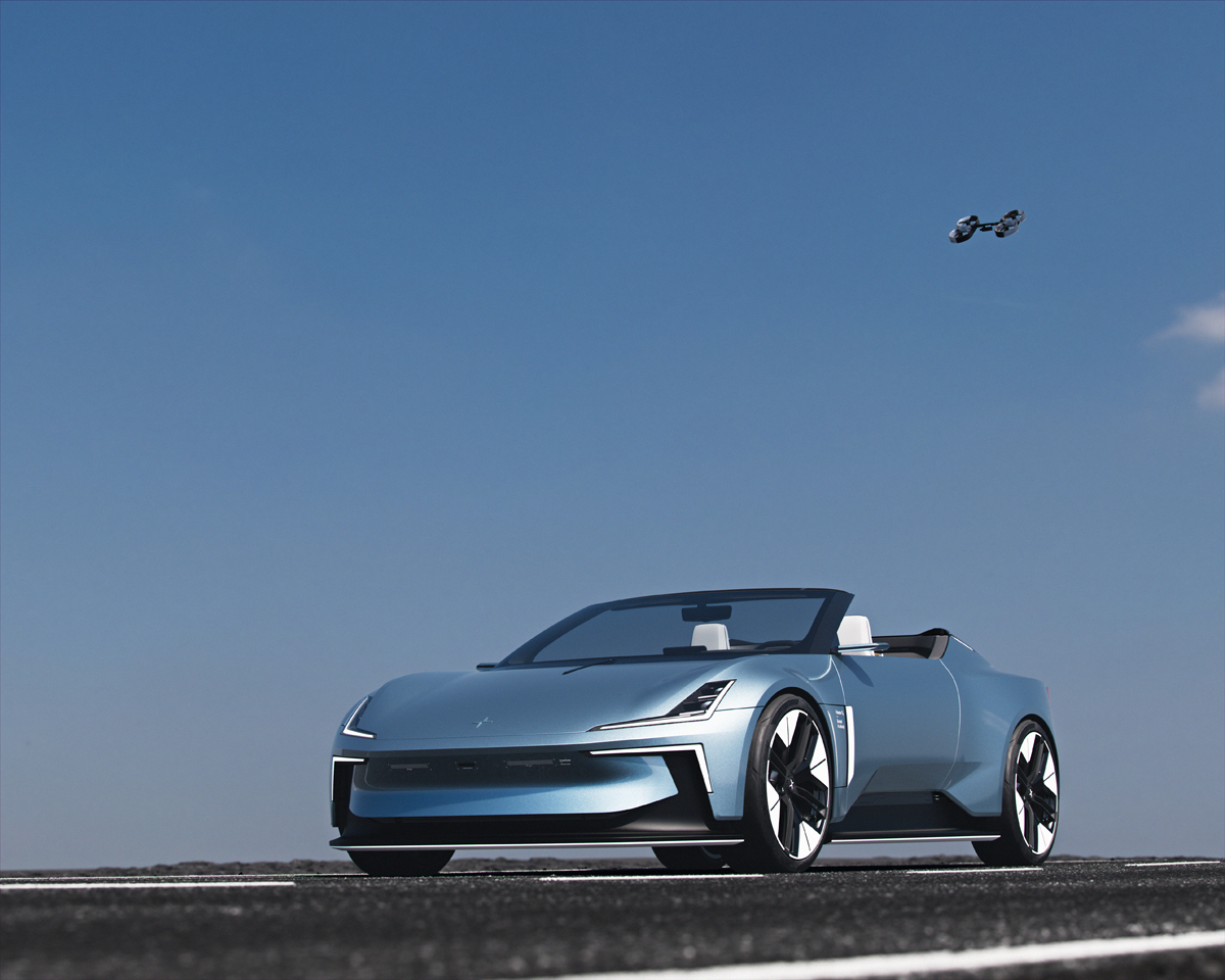 Polestar O2 Concept EV coupe convertible drone
