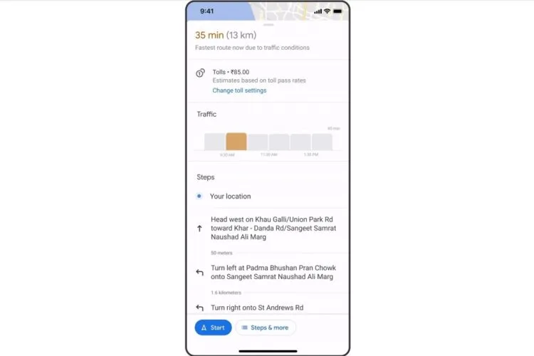 Google Maps toll estimate