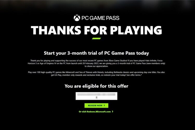 PC Game Pass eligible key blurred