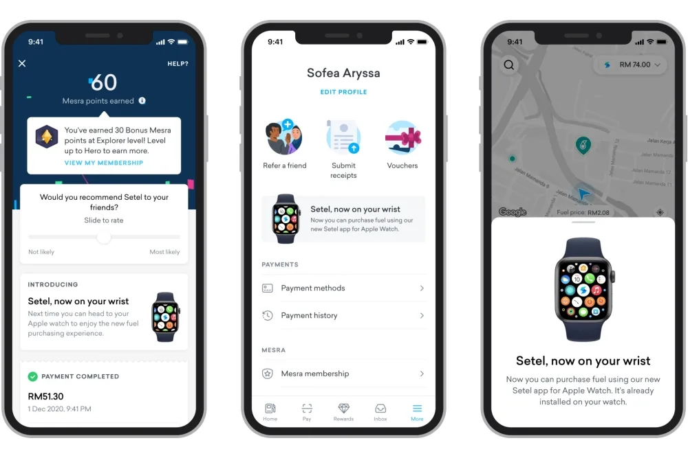 Setel Apple Watch phone screen