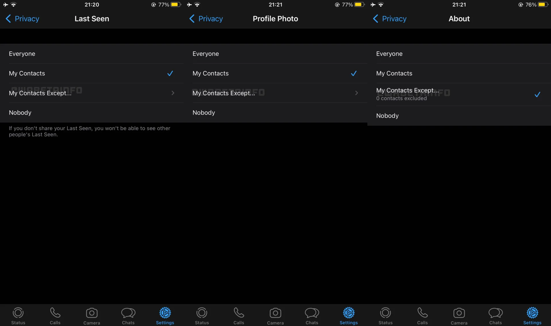 Whatsapp PRIVACY setting MY CONTACTS EXCEPT