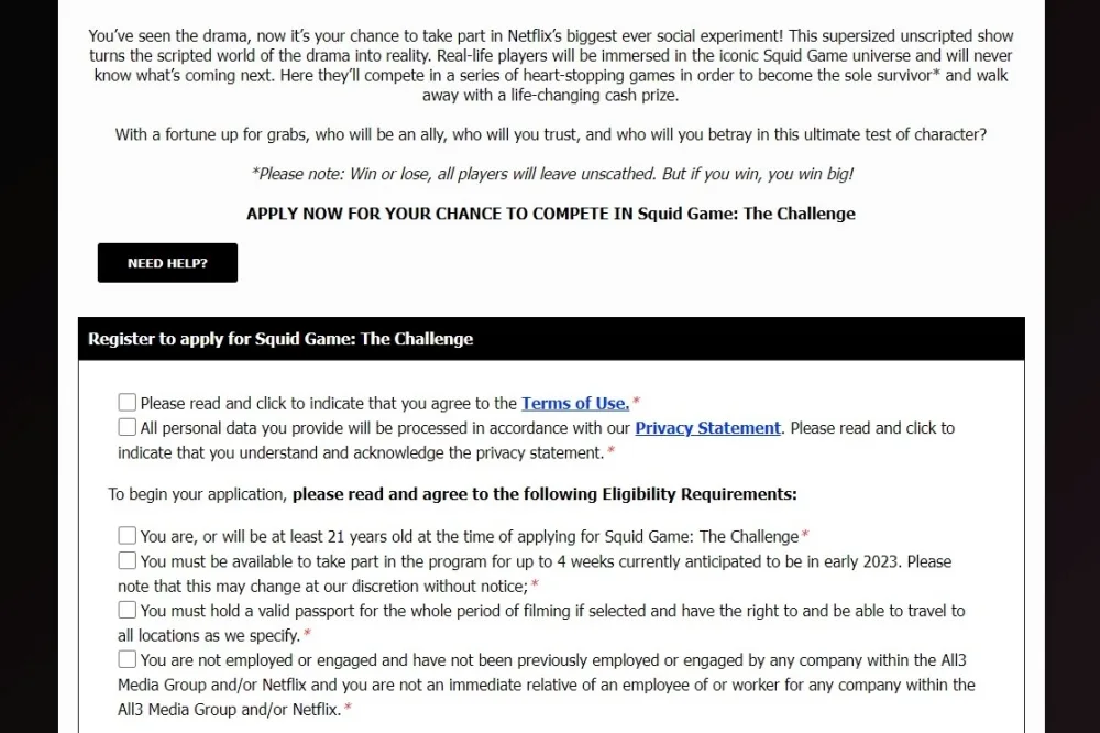 Squid Game The Challenge registration form