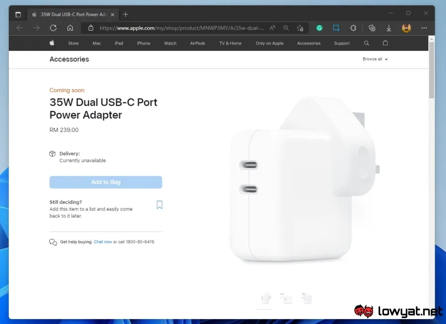 Apple 35W Dual USB-C Port Power Adapter