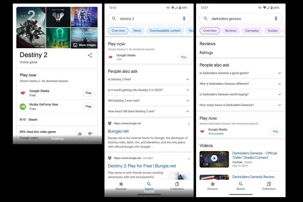 Google Search cloud gaming play buttons