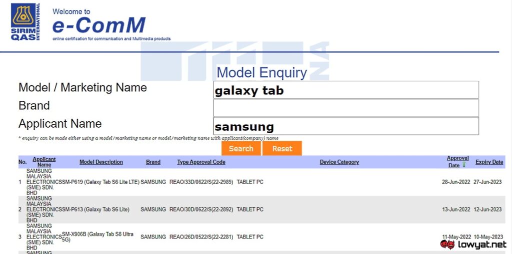 Samsung Galaxy Tab S6 Lite 2022 Malaysia SIRIM