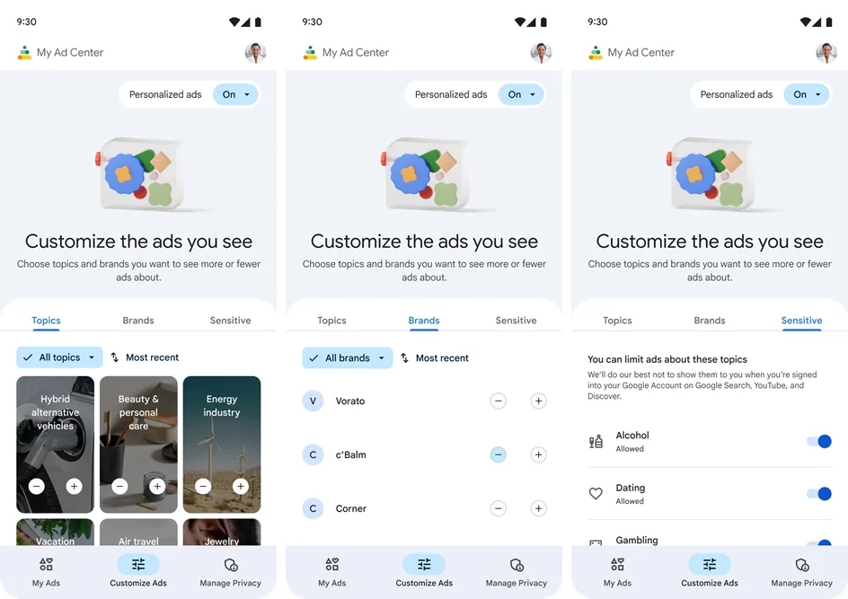 Google My Ad Center customise
