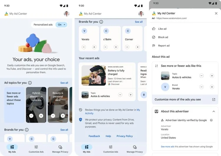 Google My Ad Center home + search