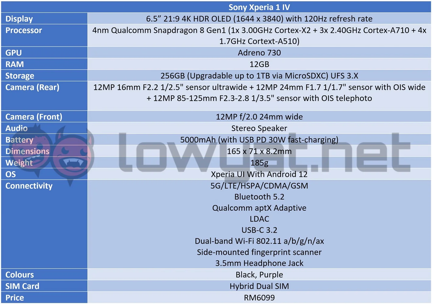 Sony Xperia 1 IV Specs Sheet
