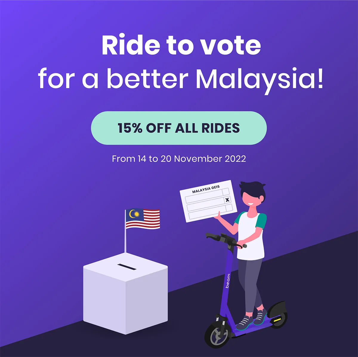 Beam Mobility 15% discount all rides e-scooter GE15