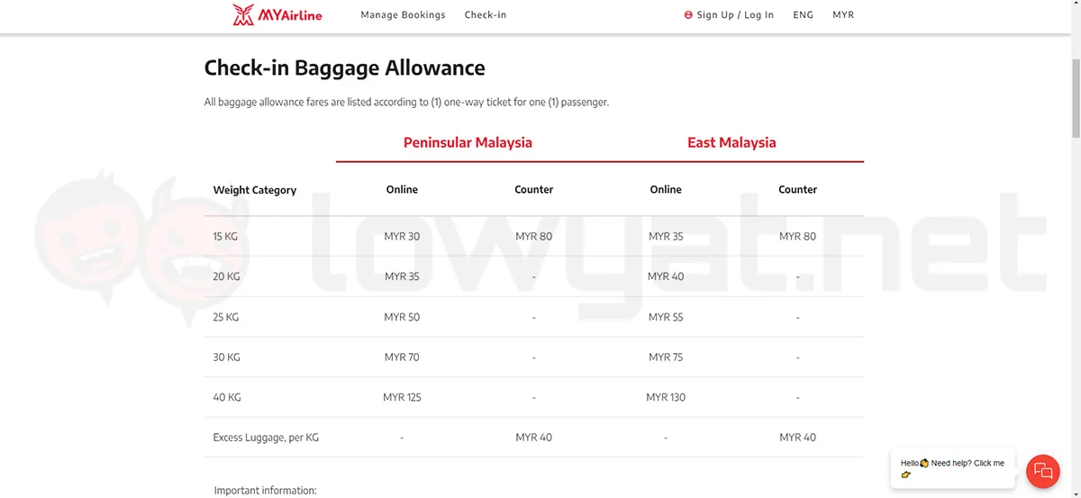 myairline baggage fees destinations website
