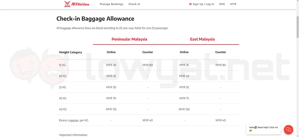 myairline baggage fees destinations website