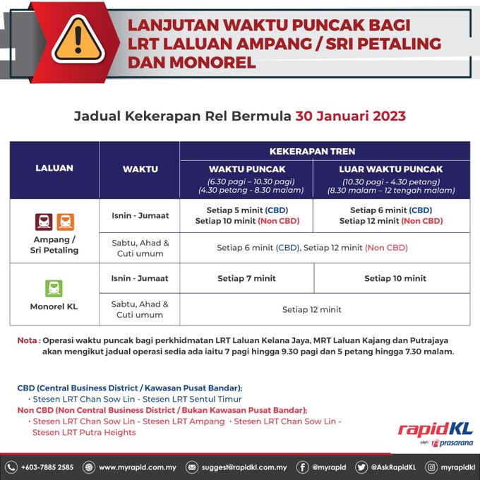 rapid kl ampang sri petaling lrt extended peak hours