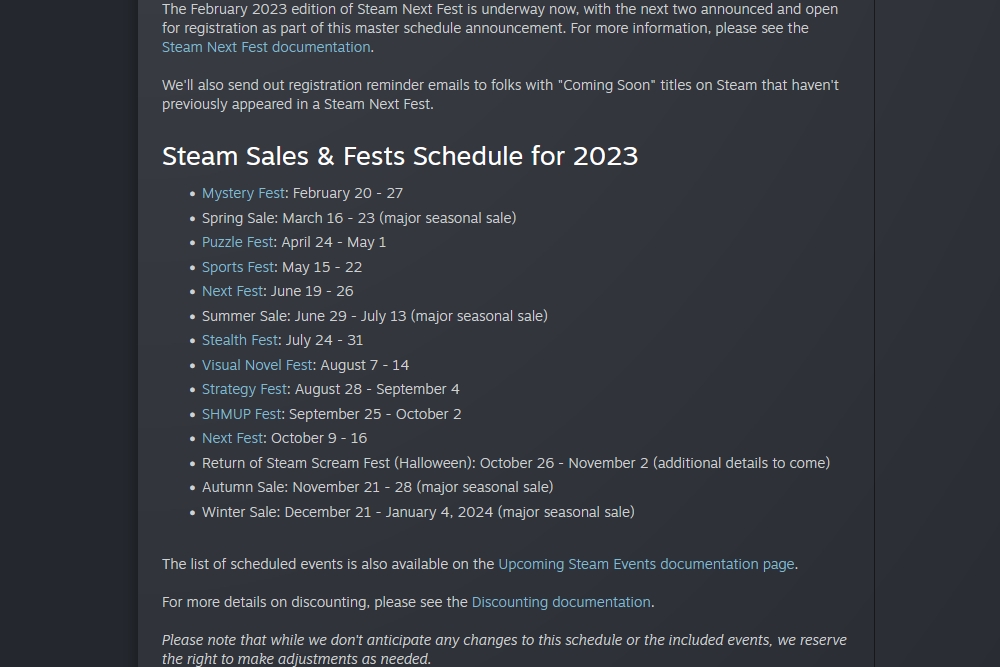 Steam :: Steamworks Development :: 2023 Official Steam Sales and Fests  Schedule