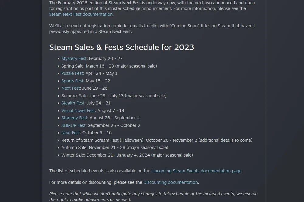 Steam Sale & Fest schedule 2023
