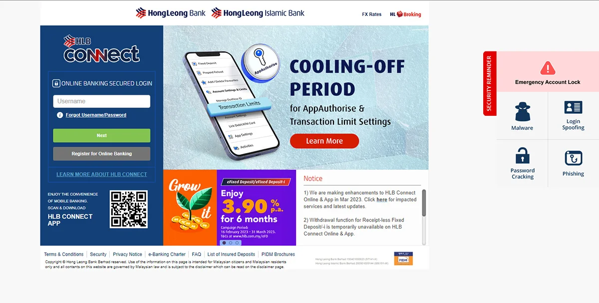 hong leong bank emergency lock cooling-off period security features
