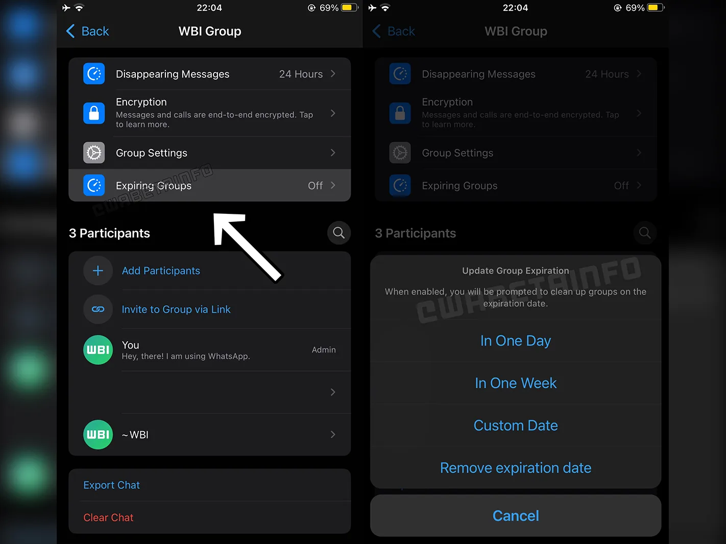 whatsapp expiring group expiration timer