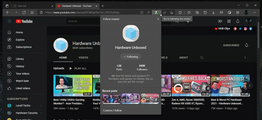 Microsoft Edge follow creator screenshot