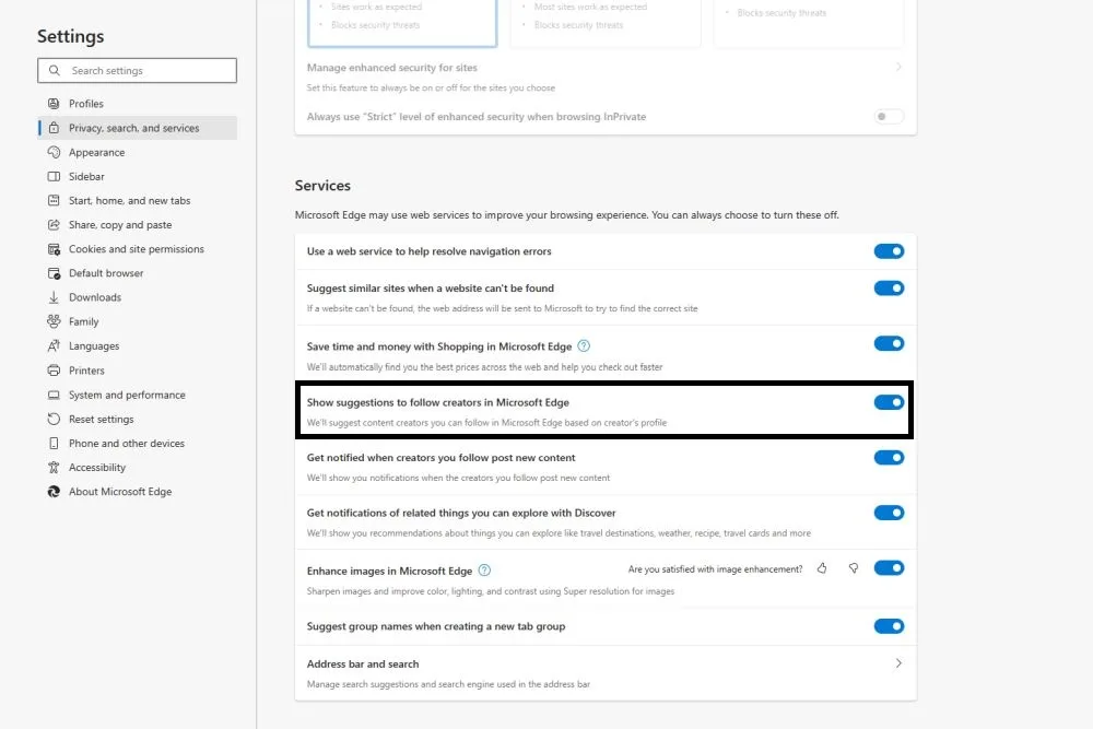 Microsoft Edge follow creator setting
