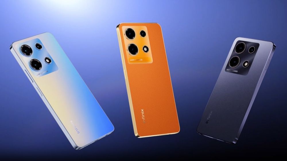  Three Infinix Note 40 Series smartphones in blue, orange, and gray color variants displayed against a blue gradient background.
