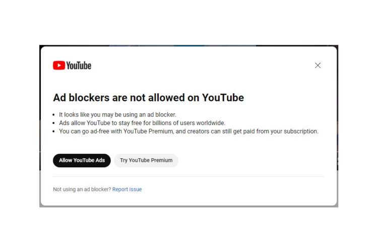 YouTube ad block blocker popup