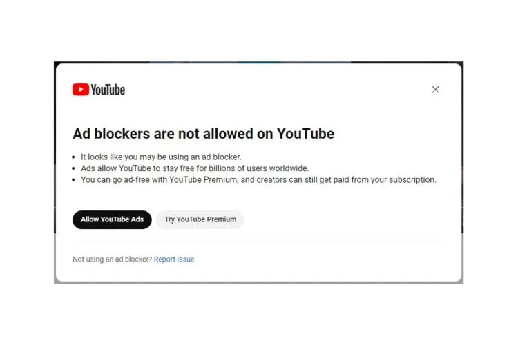 YouTube ad block blocker popup
