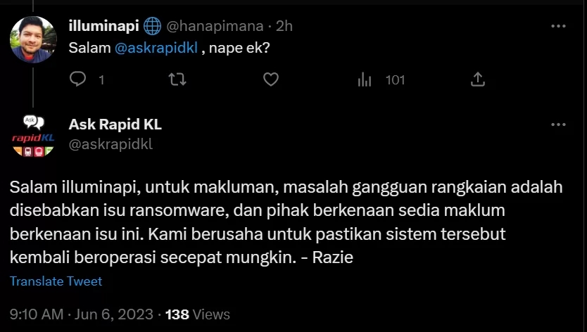 RapidKL Mrt Putrajaya lne ransomware deleted tweet
