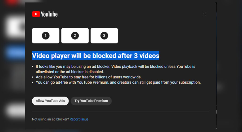 YouTube Tests Three Strikes Restriction Ad Blocking