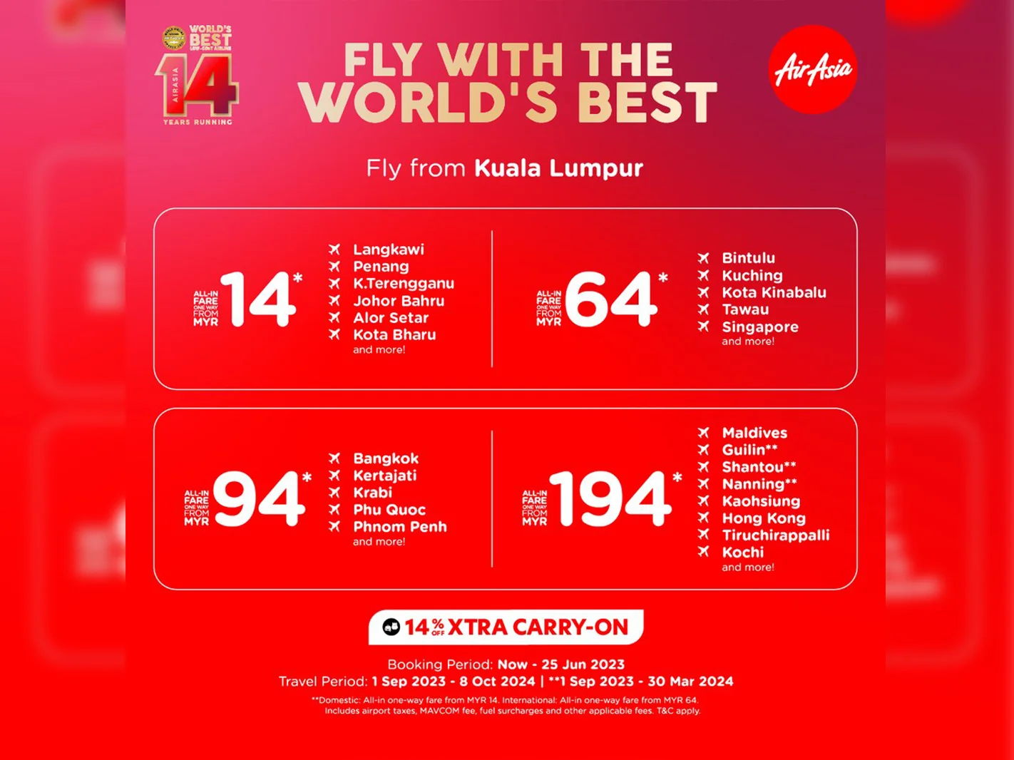 AirAsia 推出单程航班优惠，RM14 起