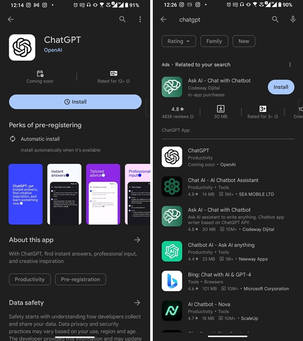 ChatGPT Google Play Store on Android