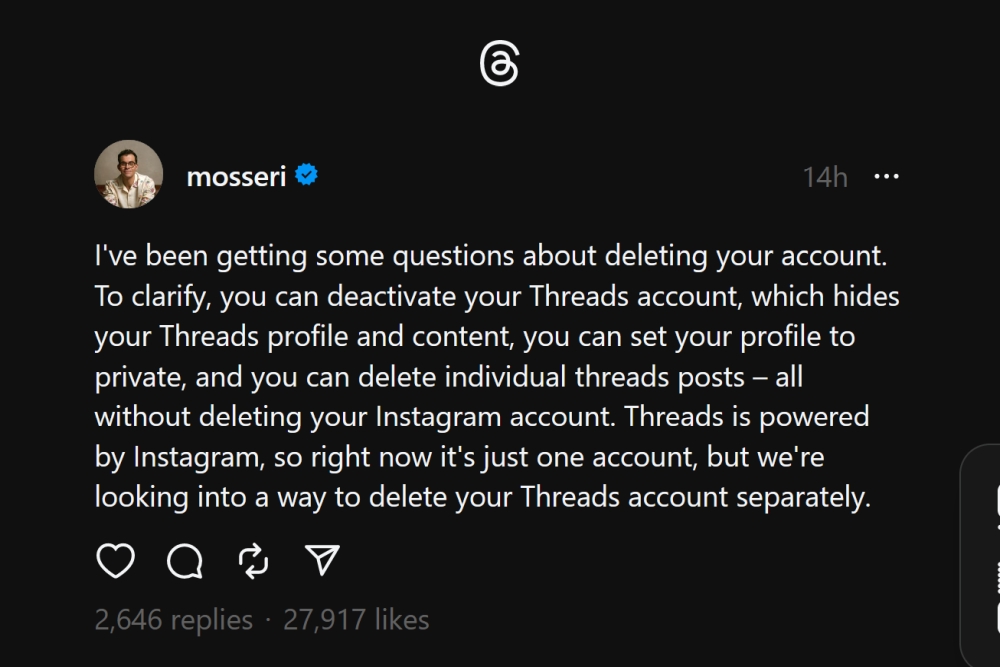 Threads Adam Mosseri account delete