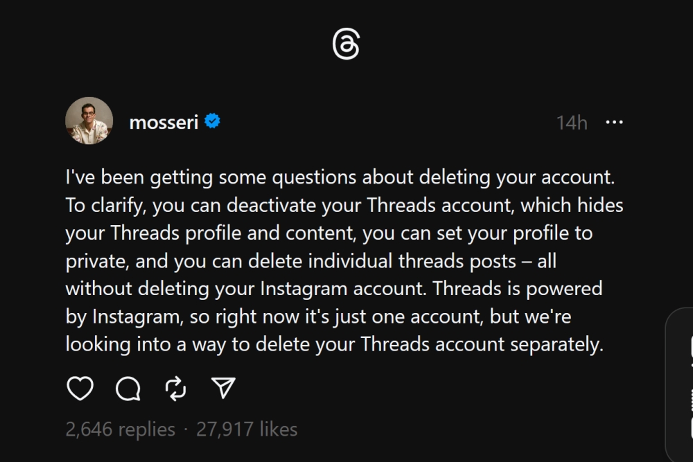 Threads Adam Mosseri account delete