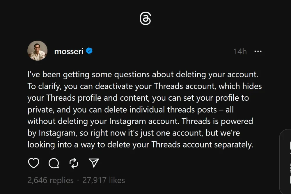 Threads Adam Mosseri account delete