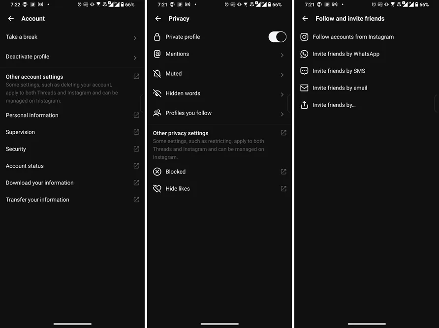 Threads account privacy follow invite