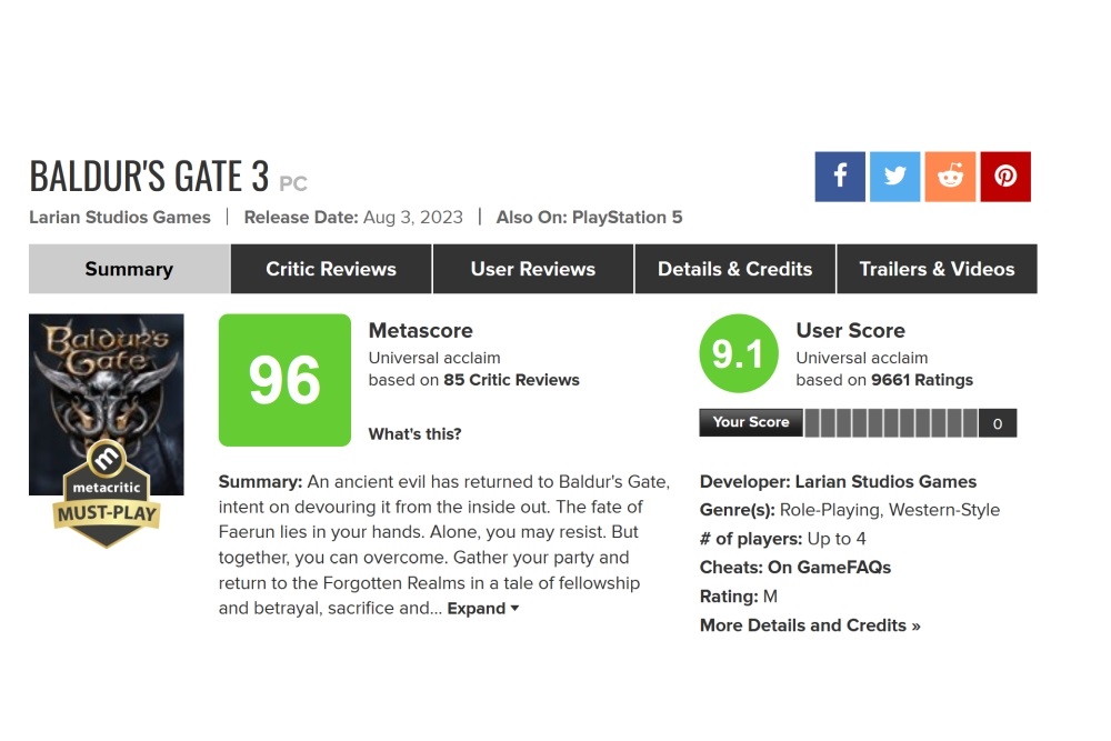 Baldur's Gate 3 Metacritic