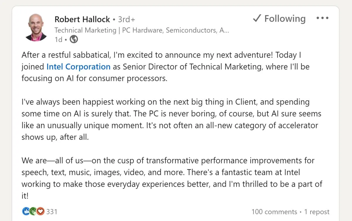 Robert Hallock Officially Joins The Ranks Of Intel 2 Robert Hallock Intel 1