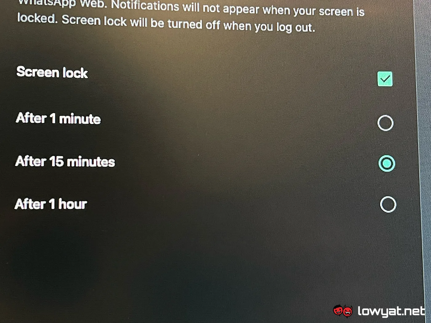 whatsapp web screen lock