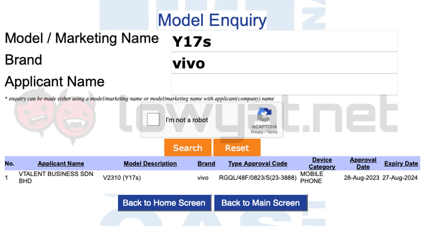vivo y17s sirim