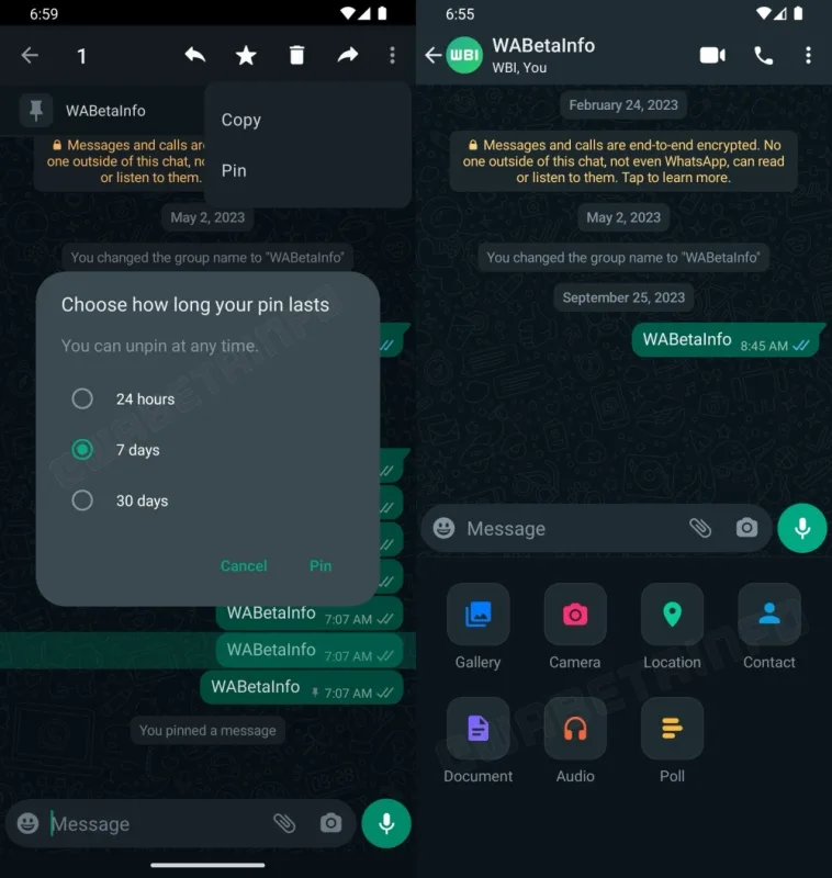 WhatsApp pin messages new attachment layout